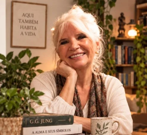 Miriam Salete sorrindo, com livros de Jung